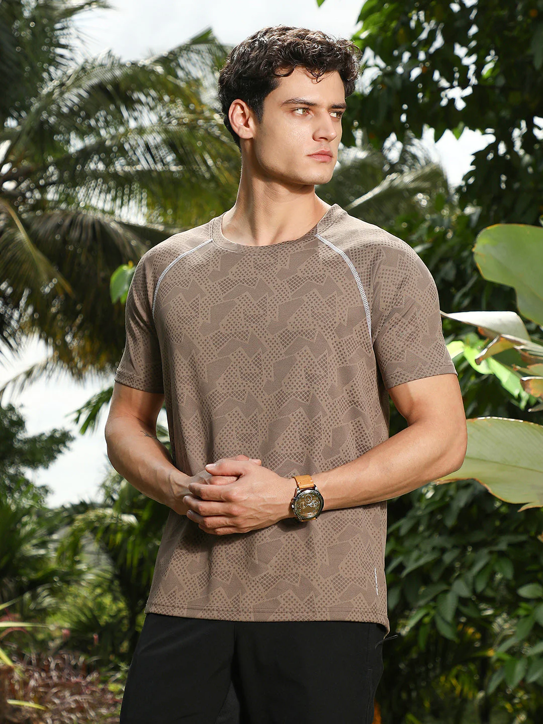 Mocha Brown Abstract-Imprint Activewear T-Shirt - Image 2