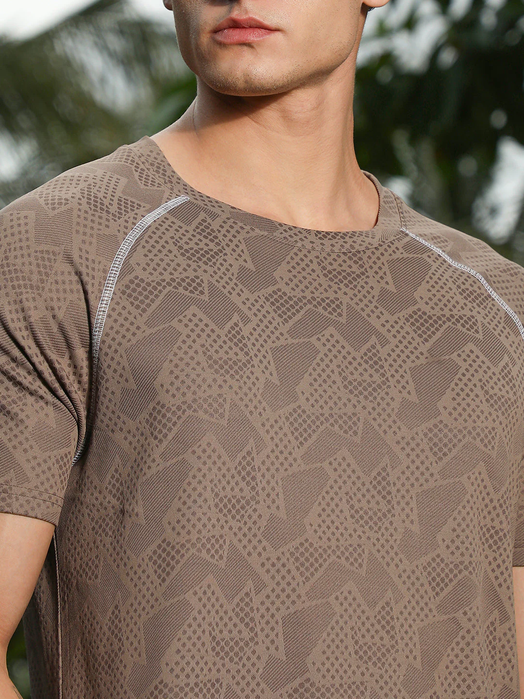 Mocha Brown Abstract-Imprint Activewear T-Shirt - Image 7