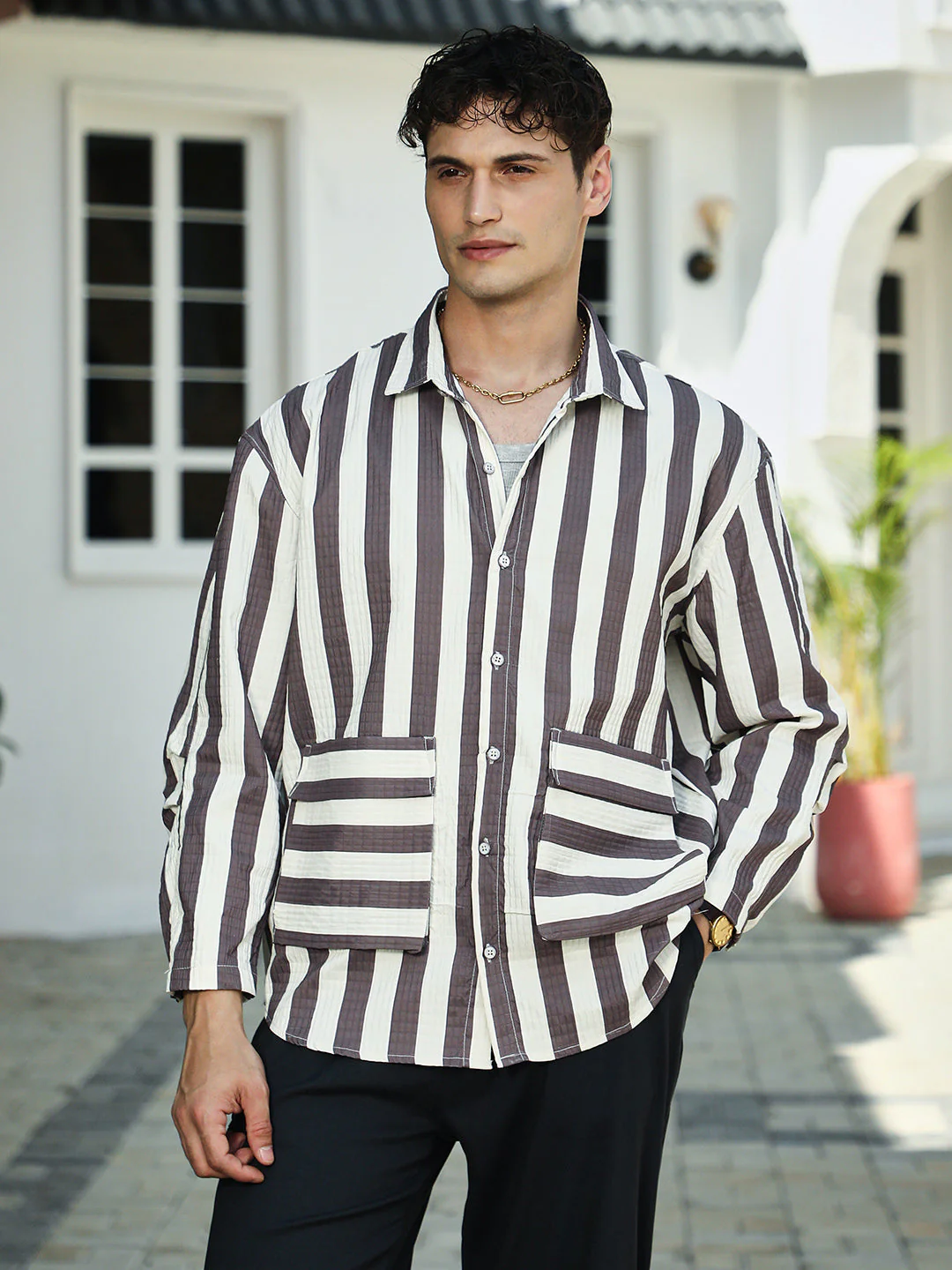Candy-Striped Utility Oversized Shirt - Image 2