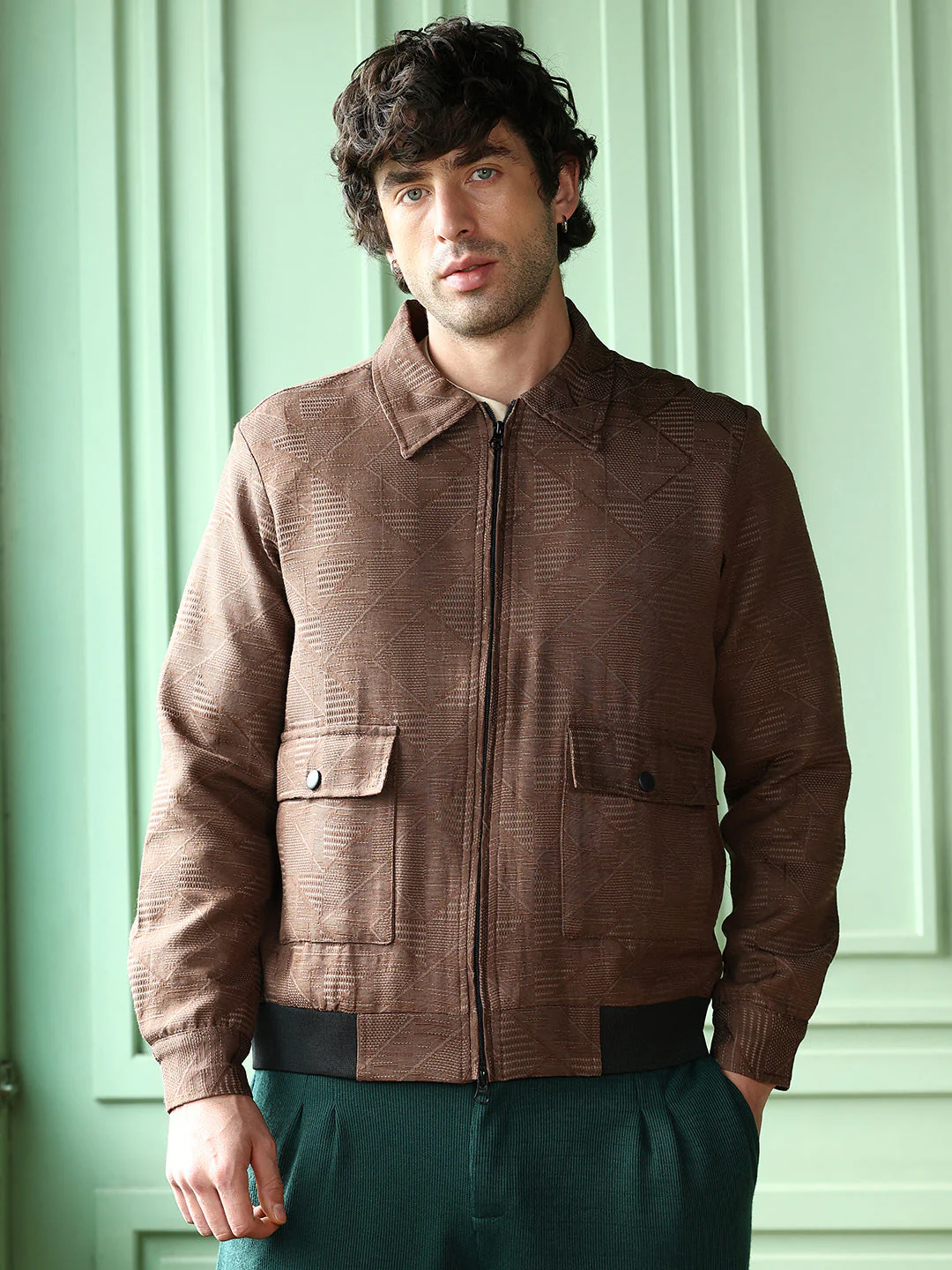 Geometric-Jacquard Zip-Front Jacket - Image 2