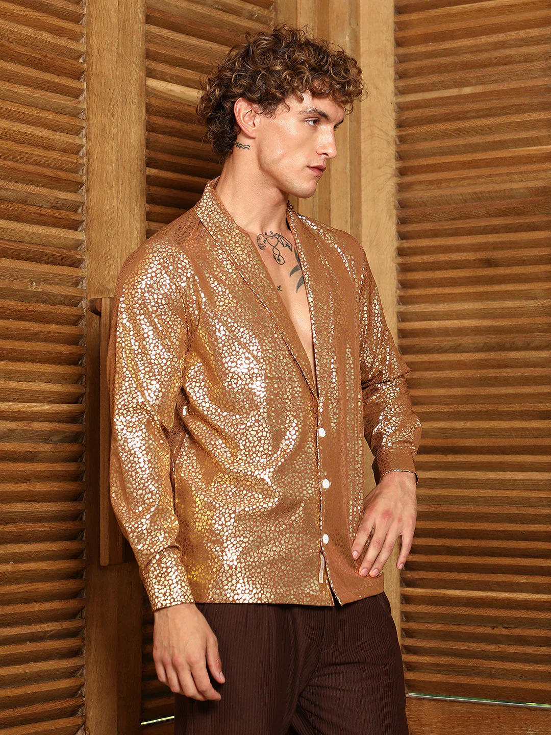 Metallic Shawl Collar Oversized Shirt - Image 3