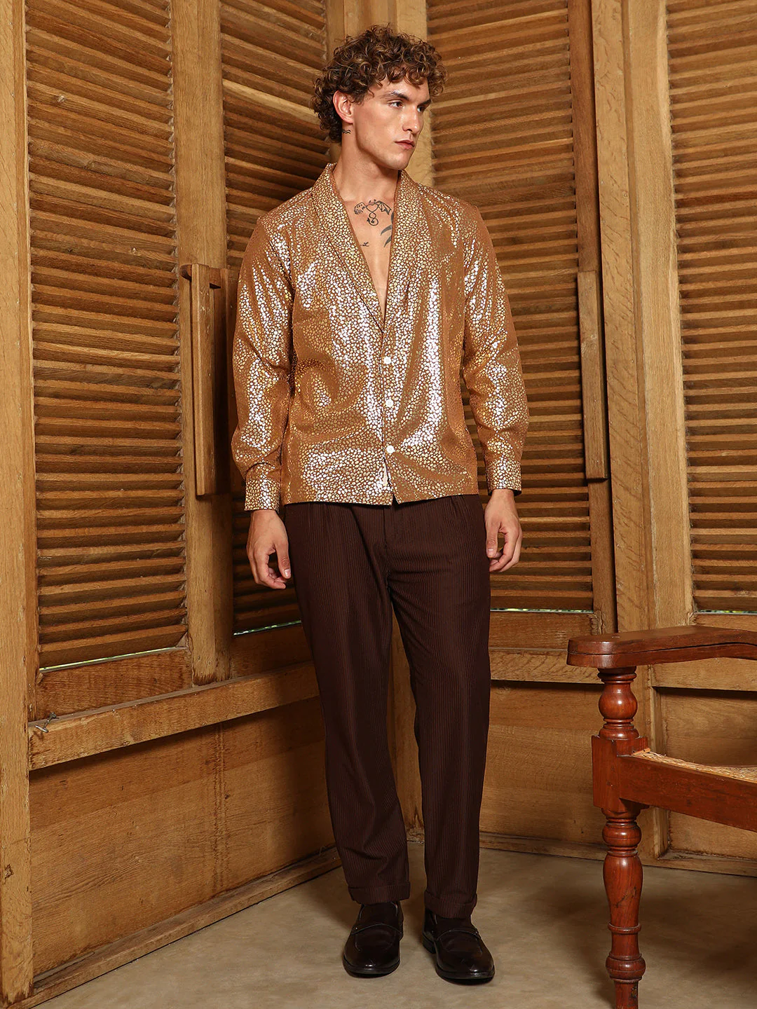 Metallic Shawl Collar Oversized Shirt - Image 5