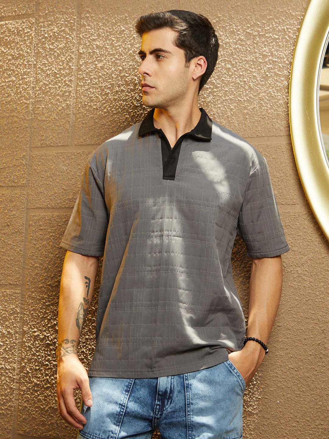 Contrast Grid Polo T-Shirt - Image 2