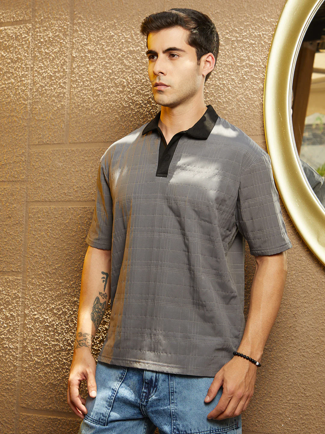 Contrast Grid Polo T-Shirt - Image 3