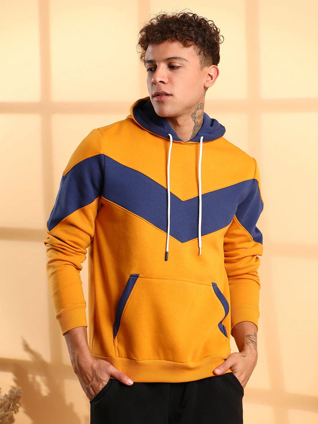 Men's Contrast Panel Hoodie With Ribbed Hem - Image 3