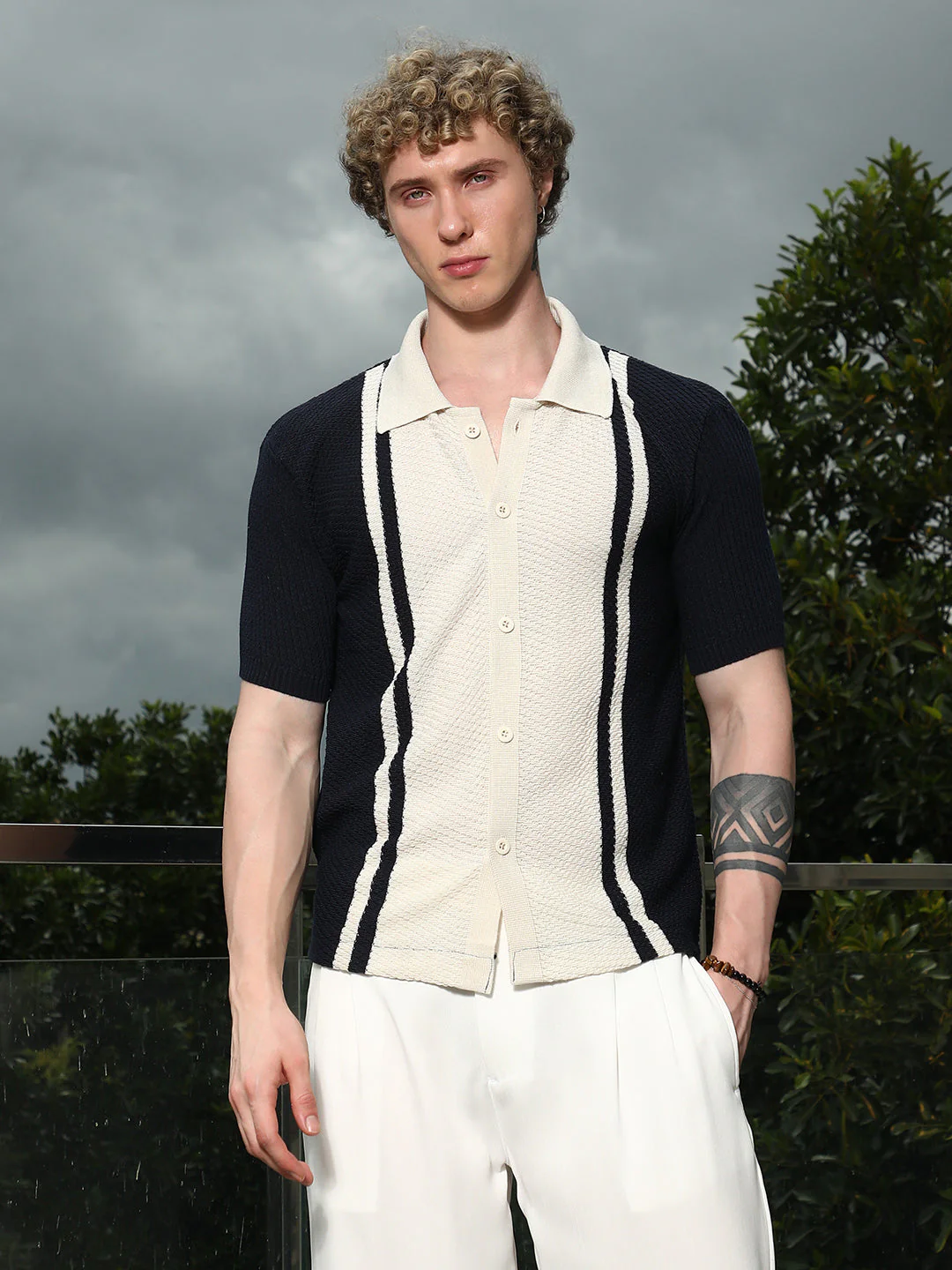 Navy And Cream Textured Knit Polo Shirt - Image 2