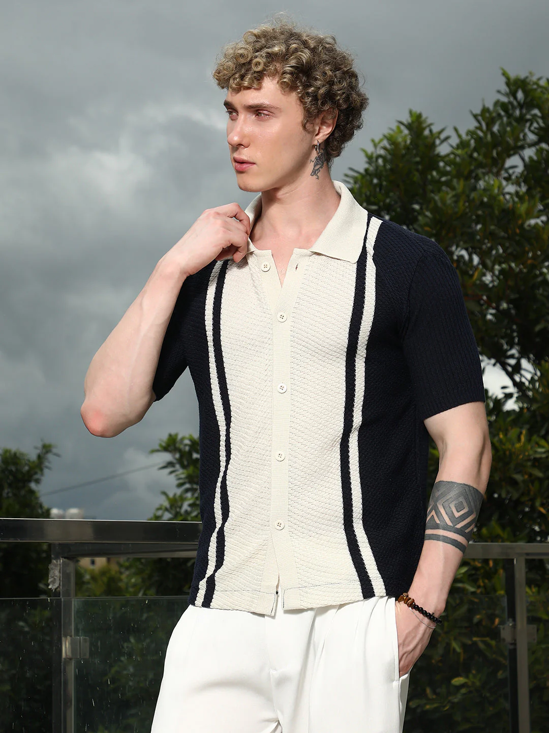 Navy And Cream Textured Knit Polo Shirt - Image 3