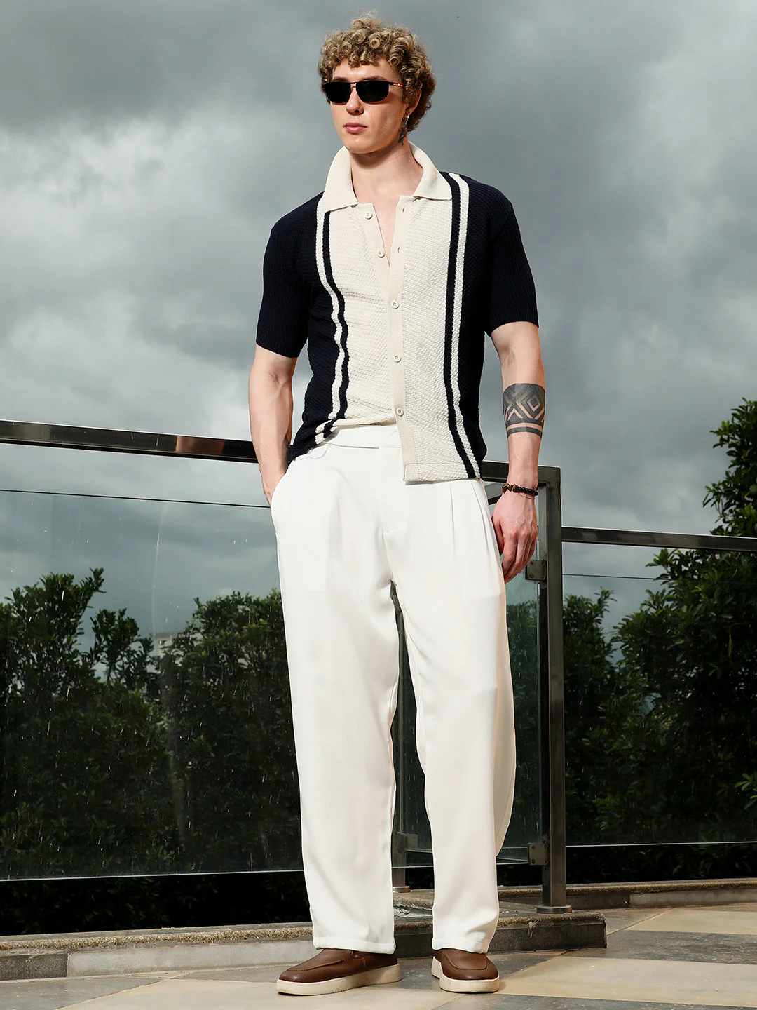Navy And Cream Textured Knit Polo Shirt - Image 6
