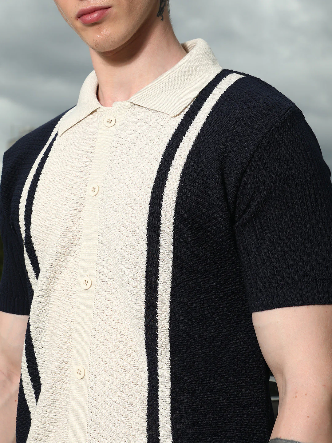 Navy And Cream Textured Knit Polo Shirt - Image 7