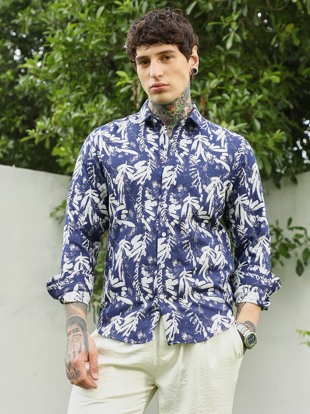 Navy Blue Botanical Print Cotton Blend Full Sleeve Shirt - Image 2