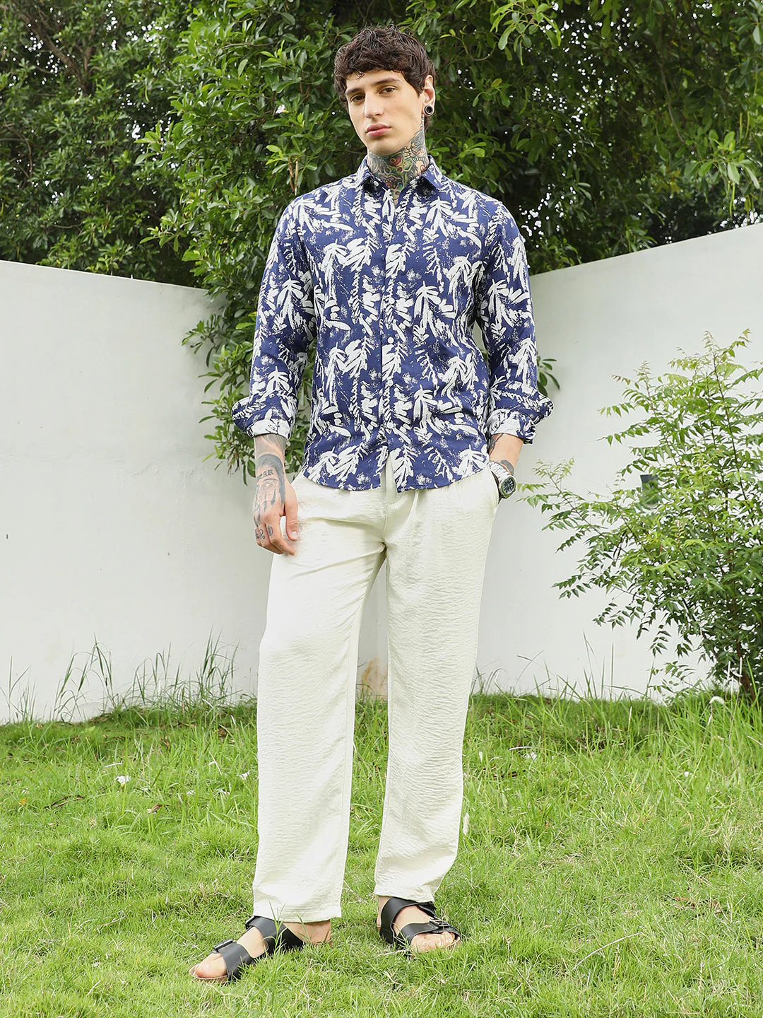 Navy Blue Botanical Print Cotton Blend Full Sleeve Shirt - Image 5