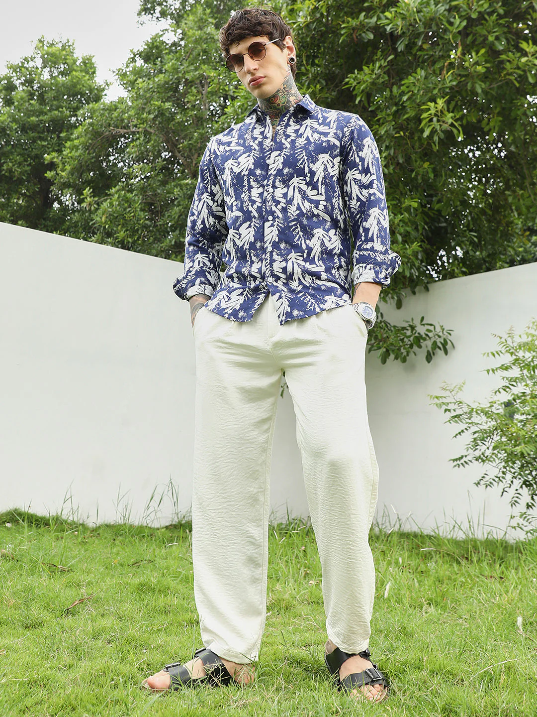 Navy Blue Botanical Print Cotton Blend Full Sleeve Shirt - Image 6
