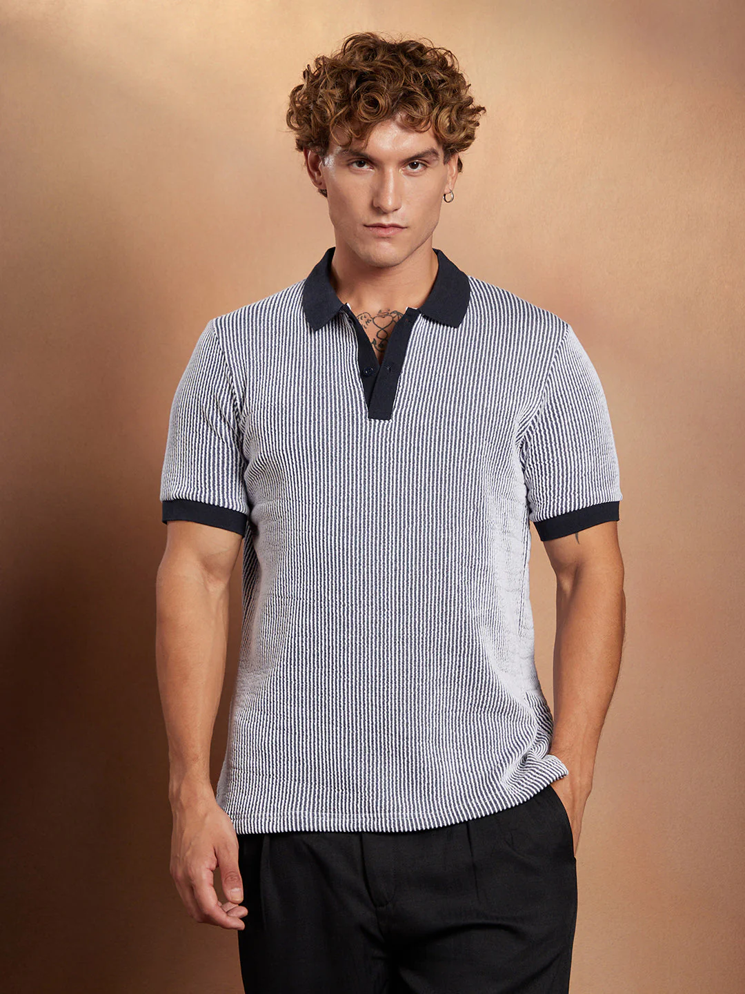 Contrast-Seersucker Polo T-Shirt - Image 2