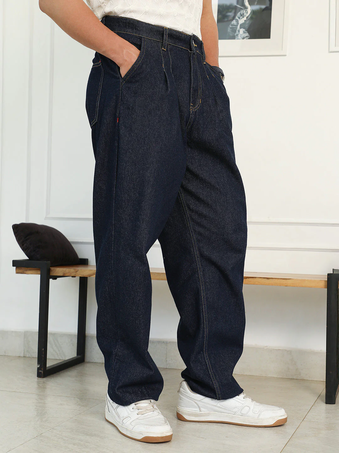 Dark-Wash Pleated Denim Jeans - Image 3