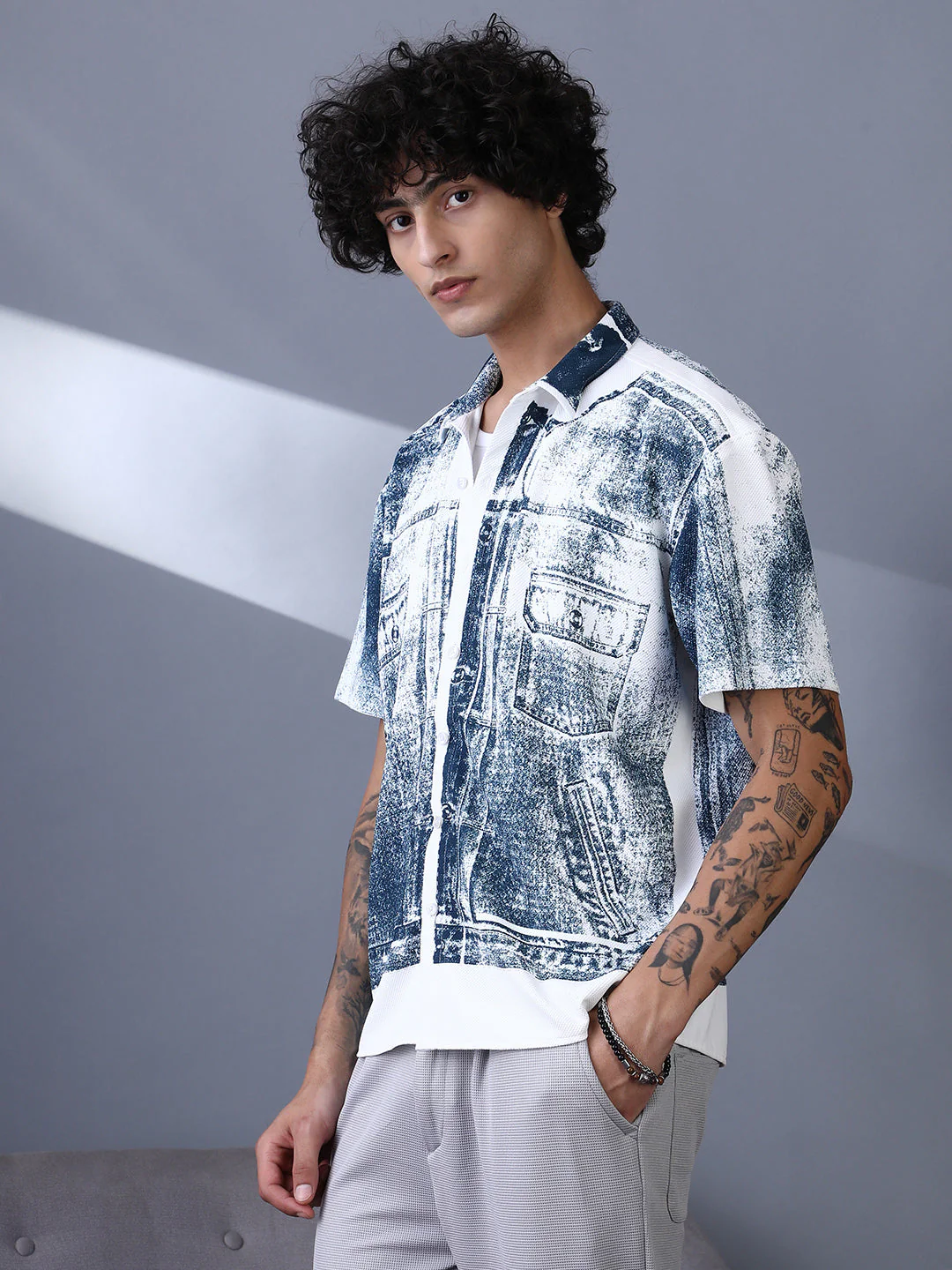 Denim-Imprint Relaxed Shirt - Image 3