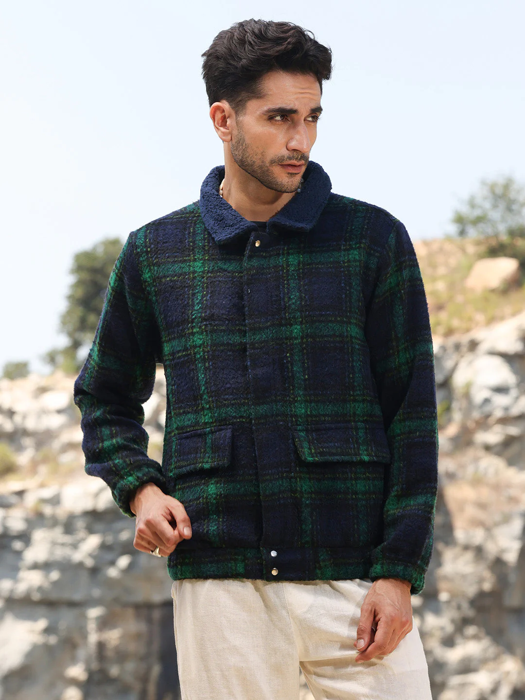 Tartan Plaid Jacket With Fleece Collar - Image 2