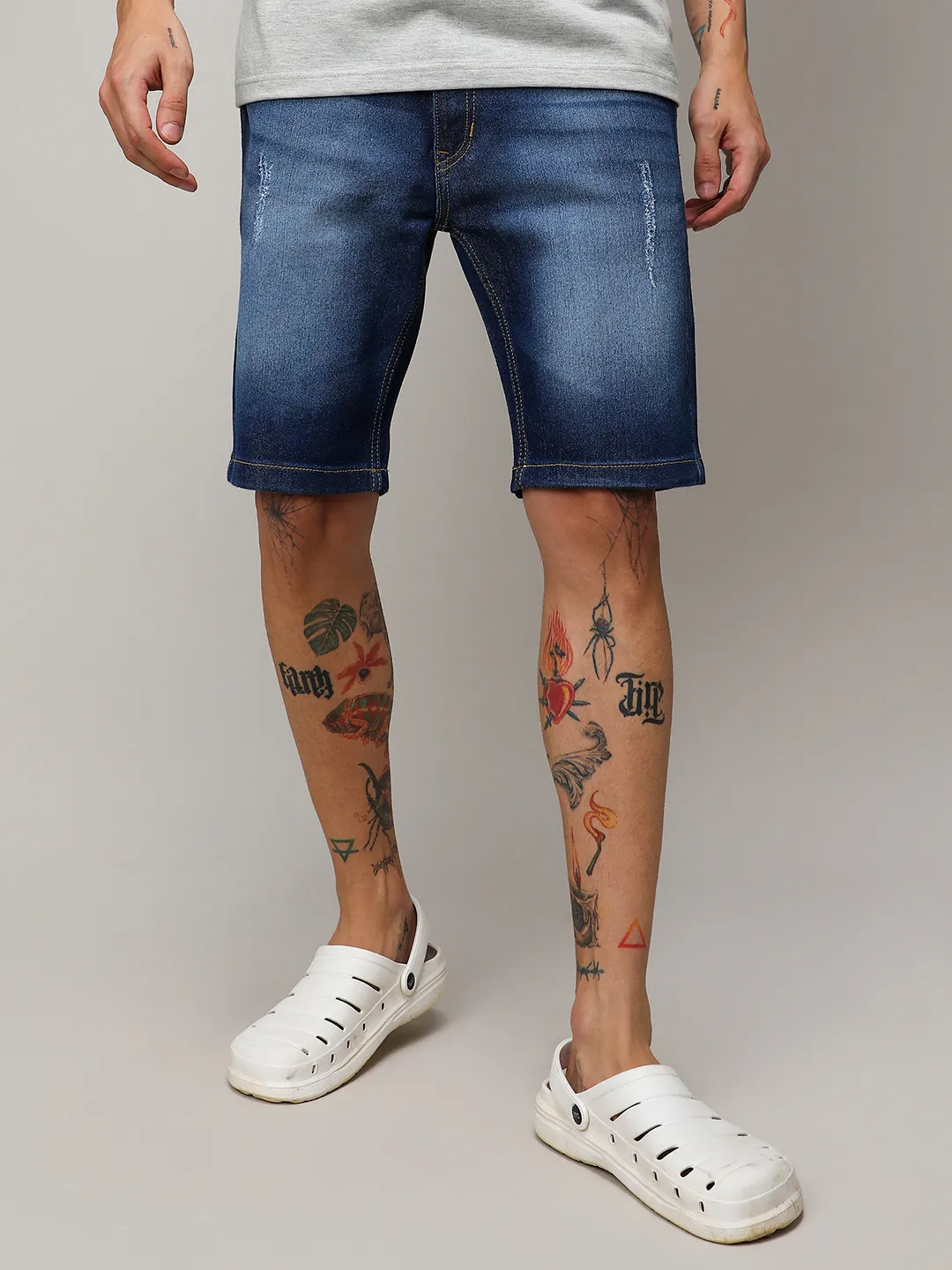 Light-Distressed Denim Shorts - Image 2