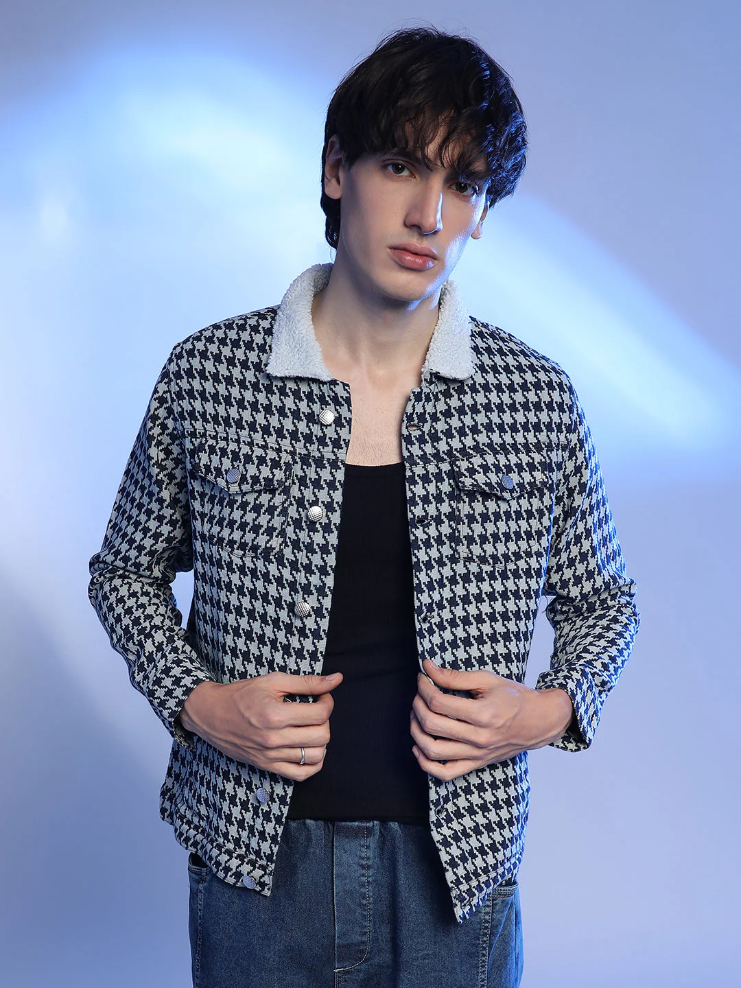 Fleece Houndstooth Denim Jacket - Image 2