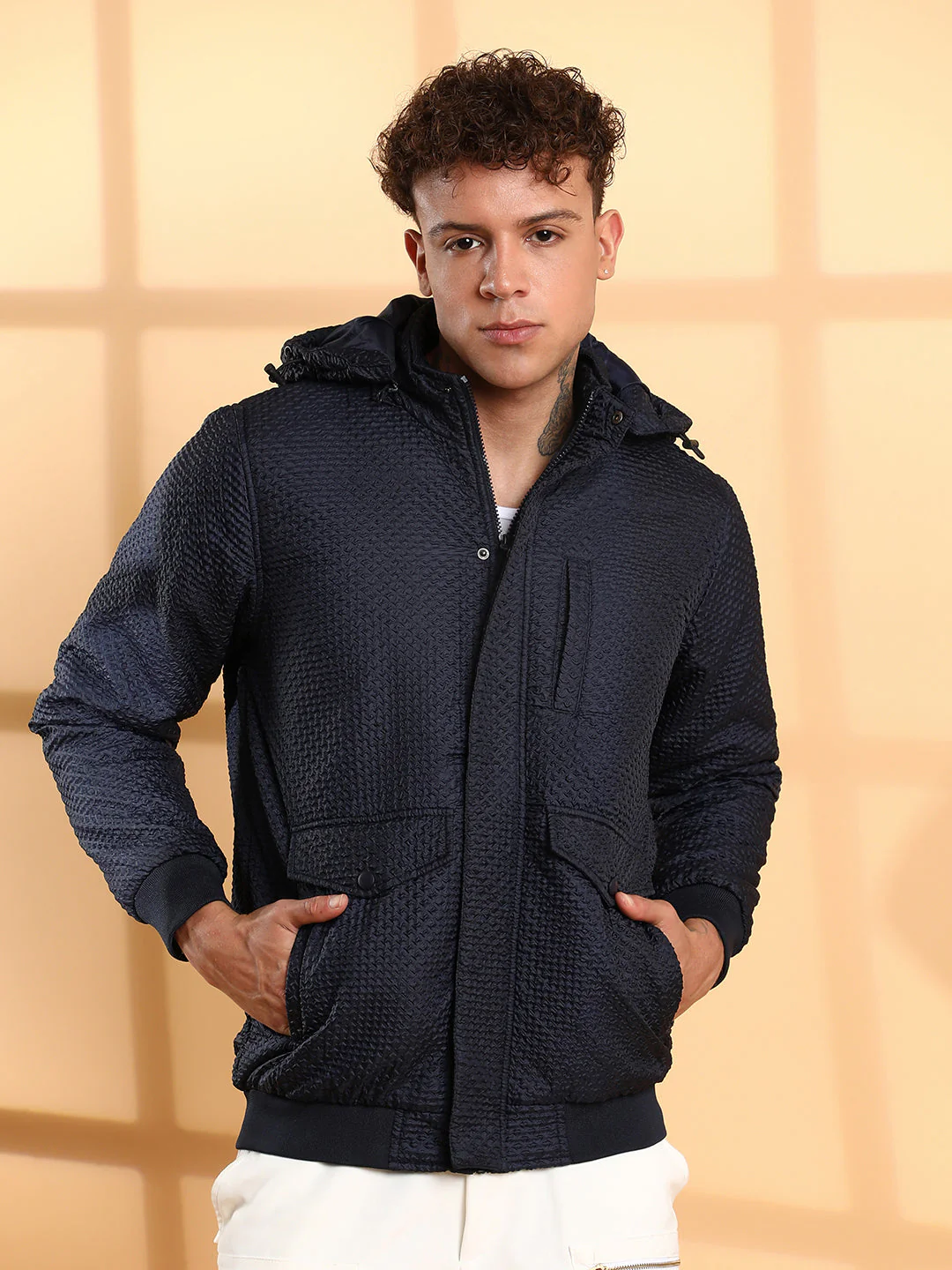 Self-Design Diamond Puffer Jacket With Fleece Hood - Image 2
