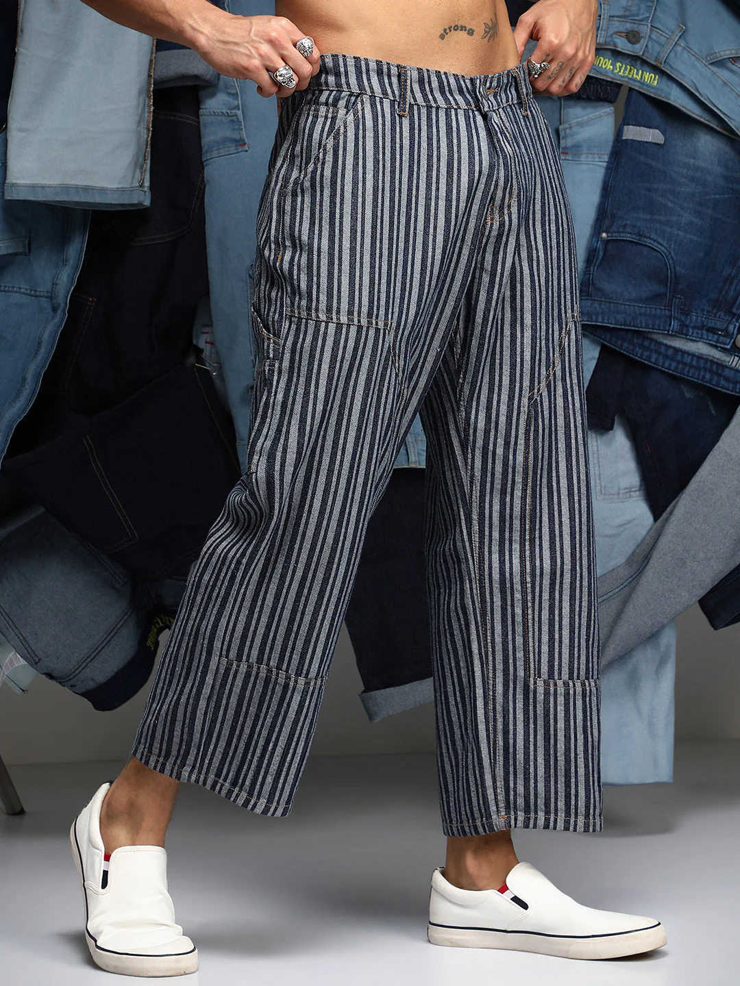 Striped Baggy Utility Denim Jeans - Image 3