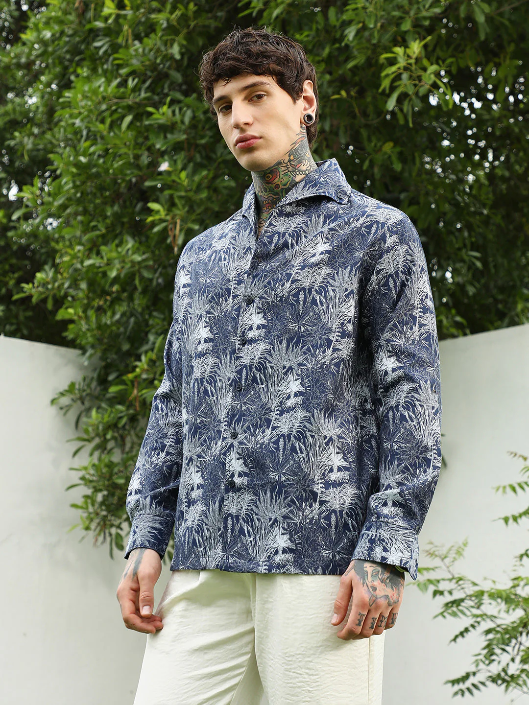 Navy Botanical Print Cotton Blend Shirt - Image 10