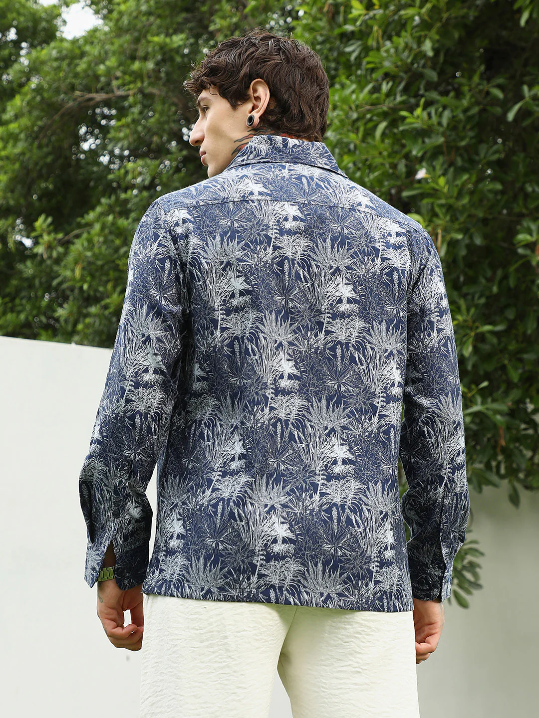 Navy Botanical Print Cotton Blend Shirt - Image 11