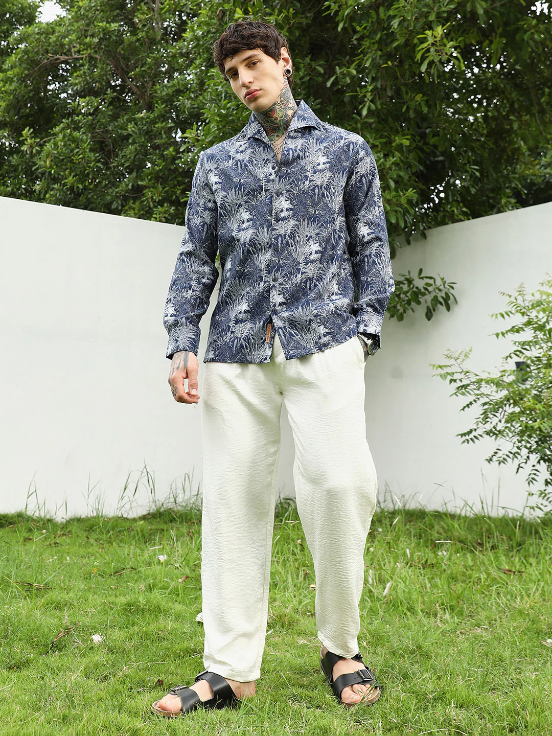 Navy Botanical Print Cotton Blend Shirt - Image 12