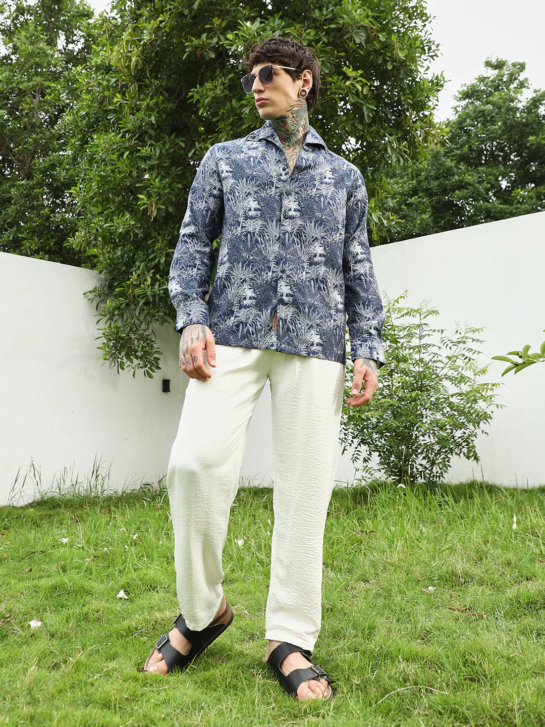 Navy Botanical Print Cotton Blend Shirt - Image 13