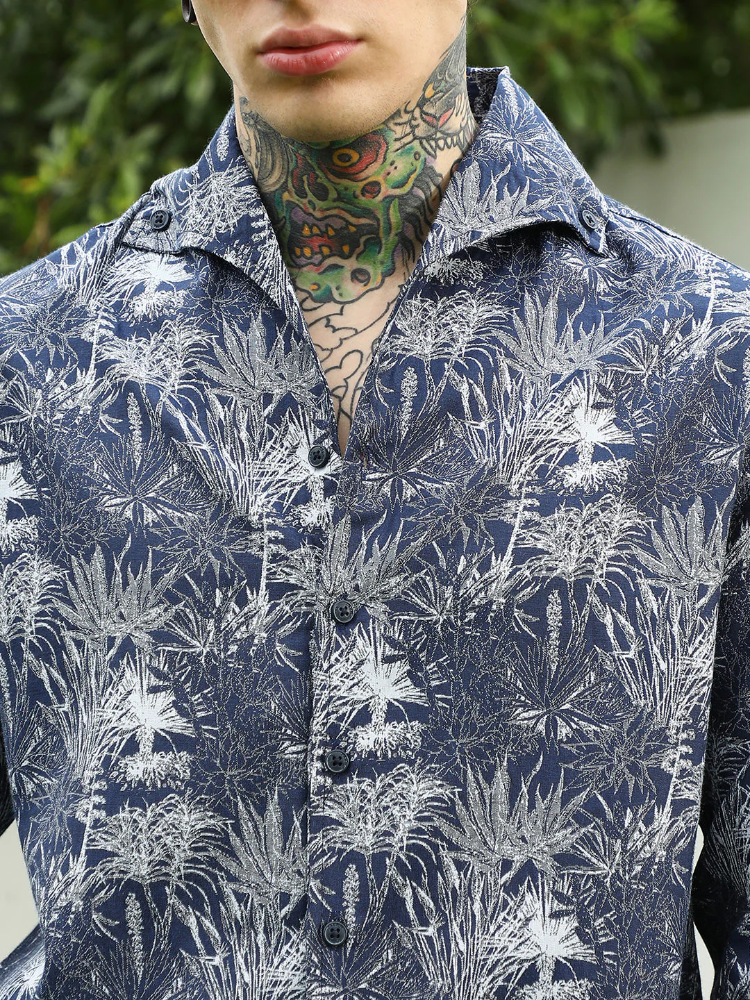 Navy Botanical Print Cotton Blend Shirt - Image 14