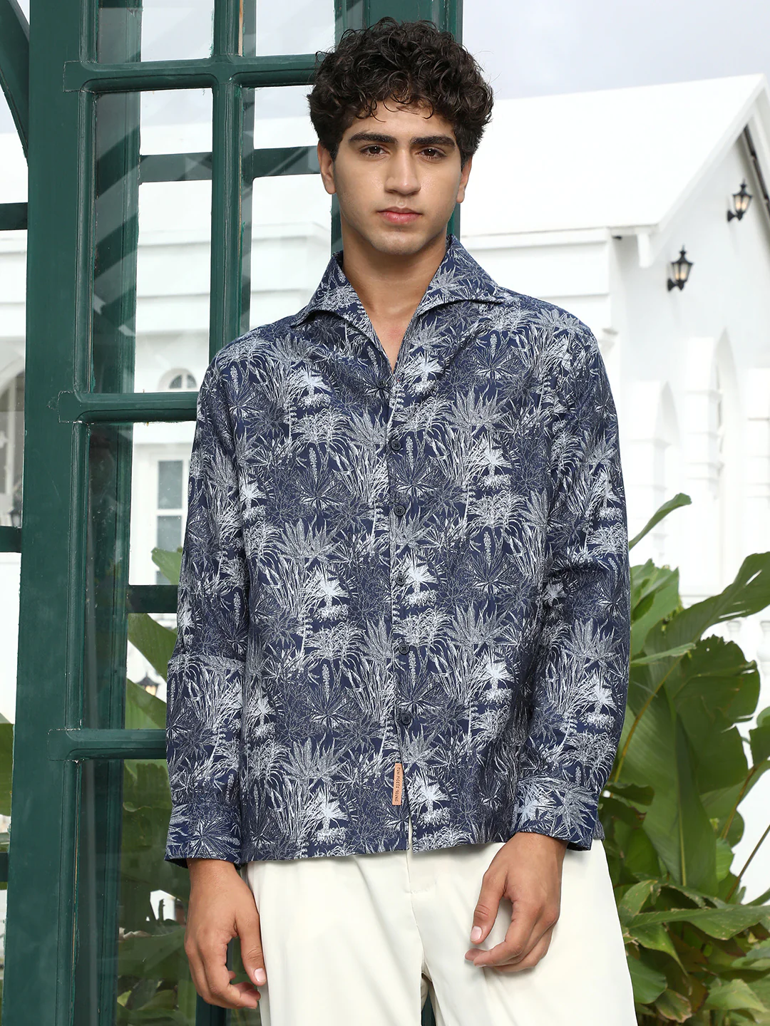 Navy Botanical Print Cotton Blend Shirt - Image 2