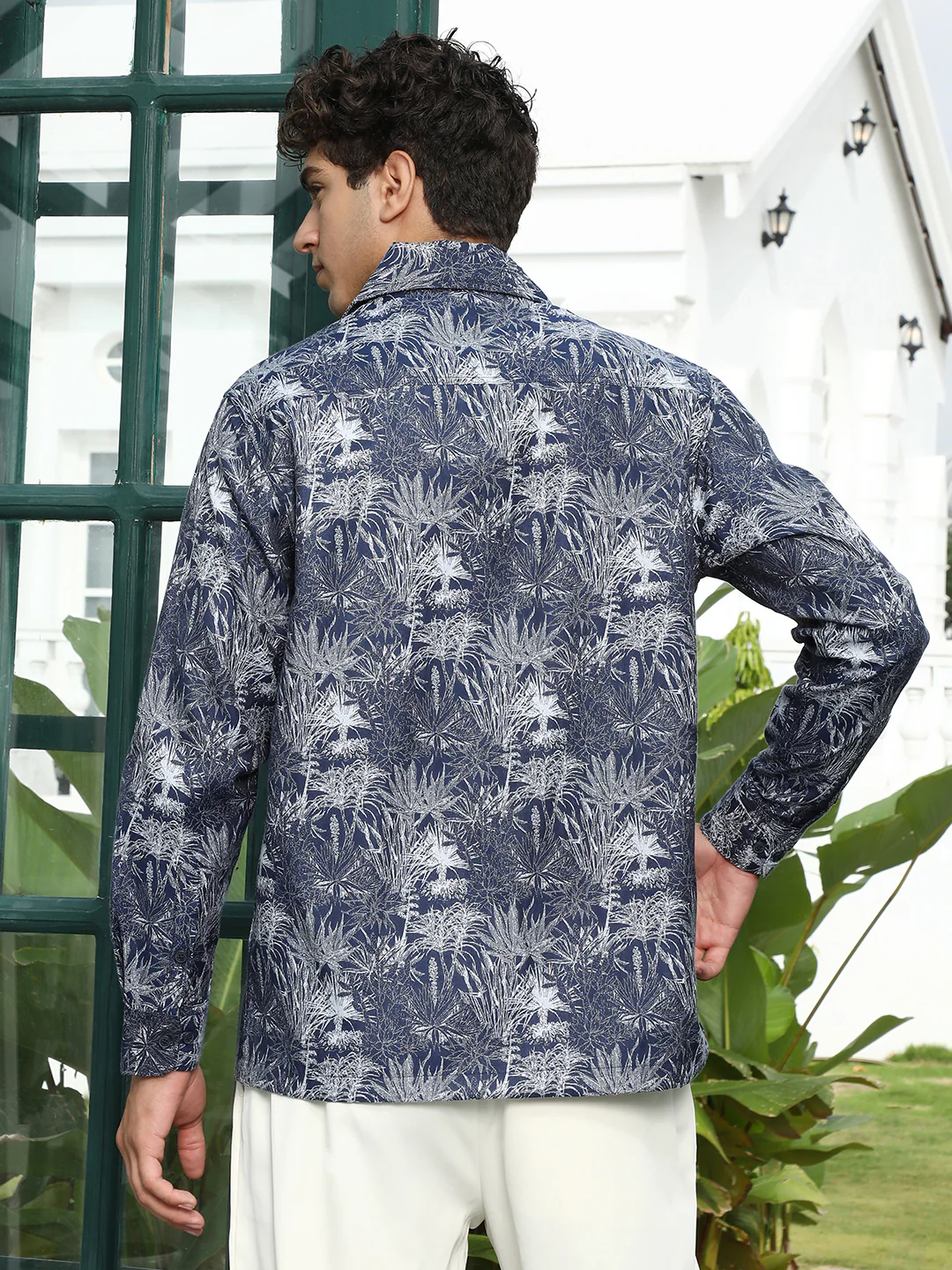 Navy Botanical Print Cotton Blend Shirt - Image 4