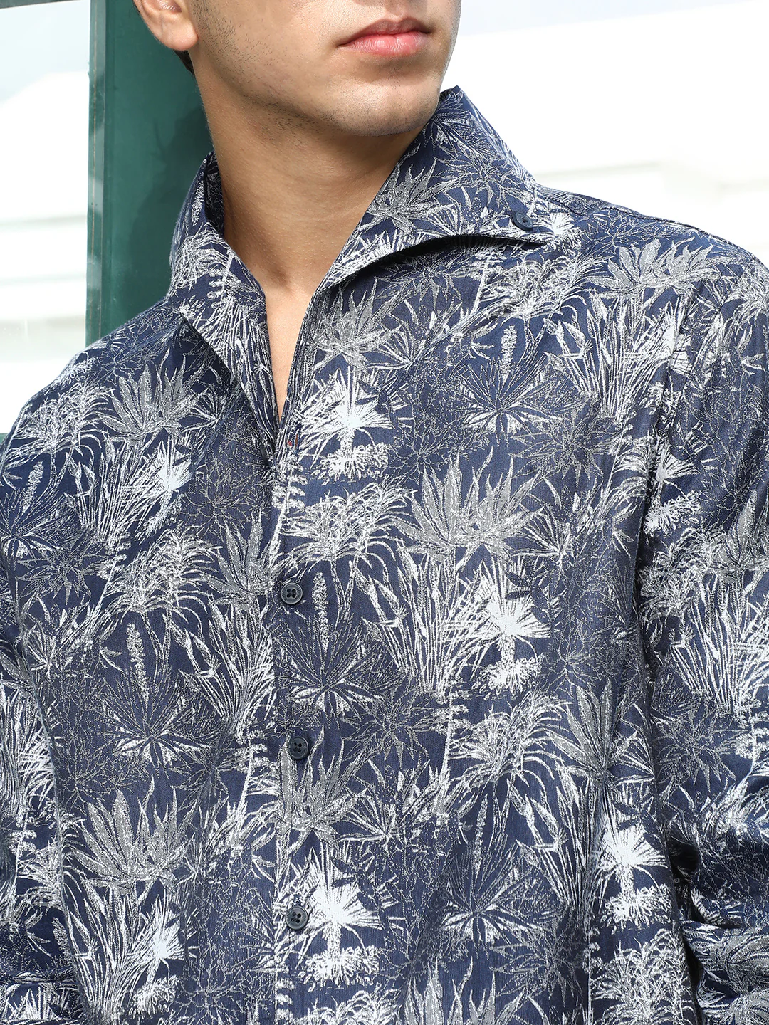 Navy Botanical Print Cotton Blend Shirt - Image 7