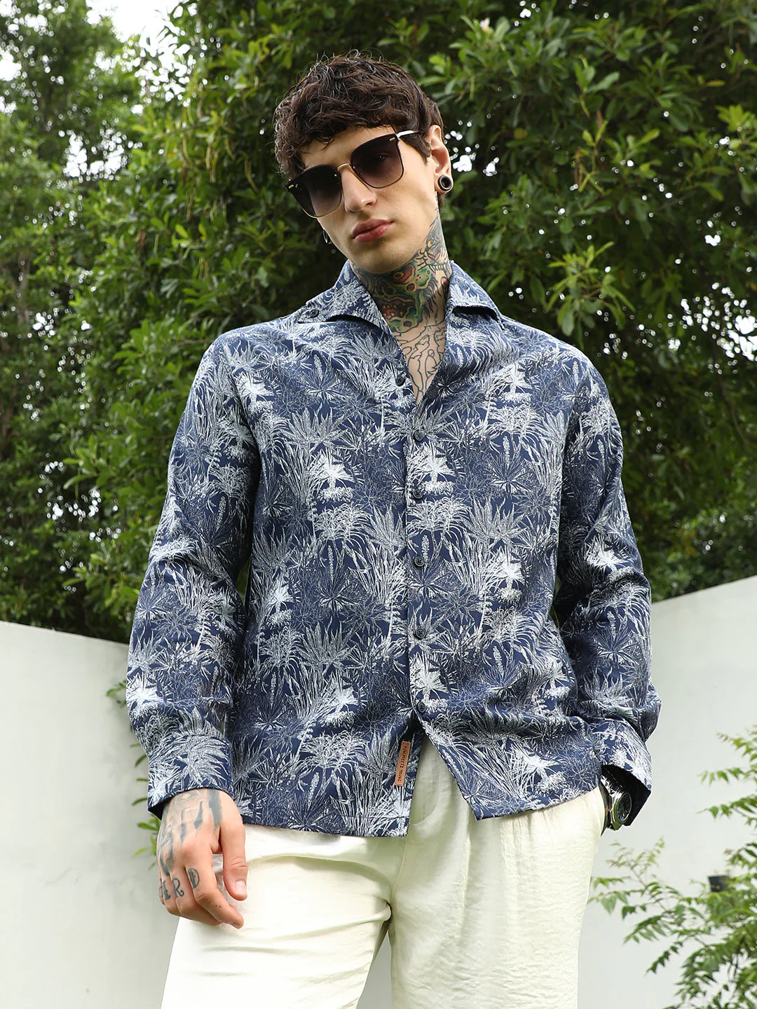 Navy Botanical Print Cotton Blend Shirt - Image 8