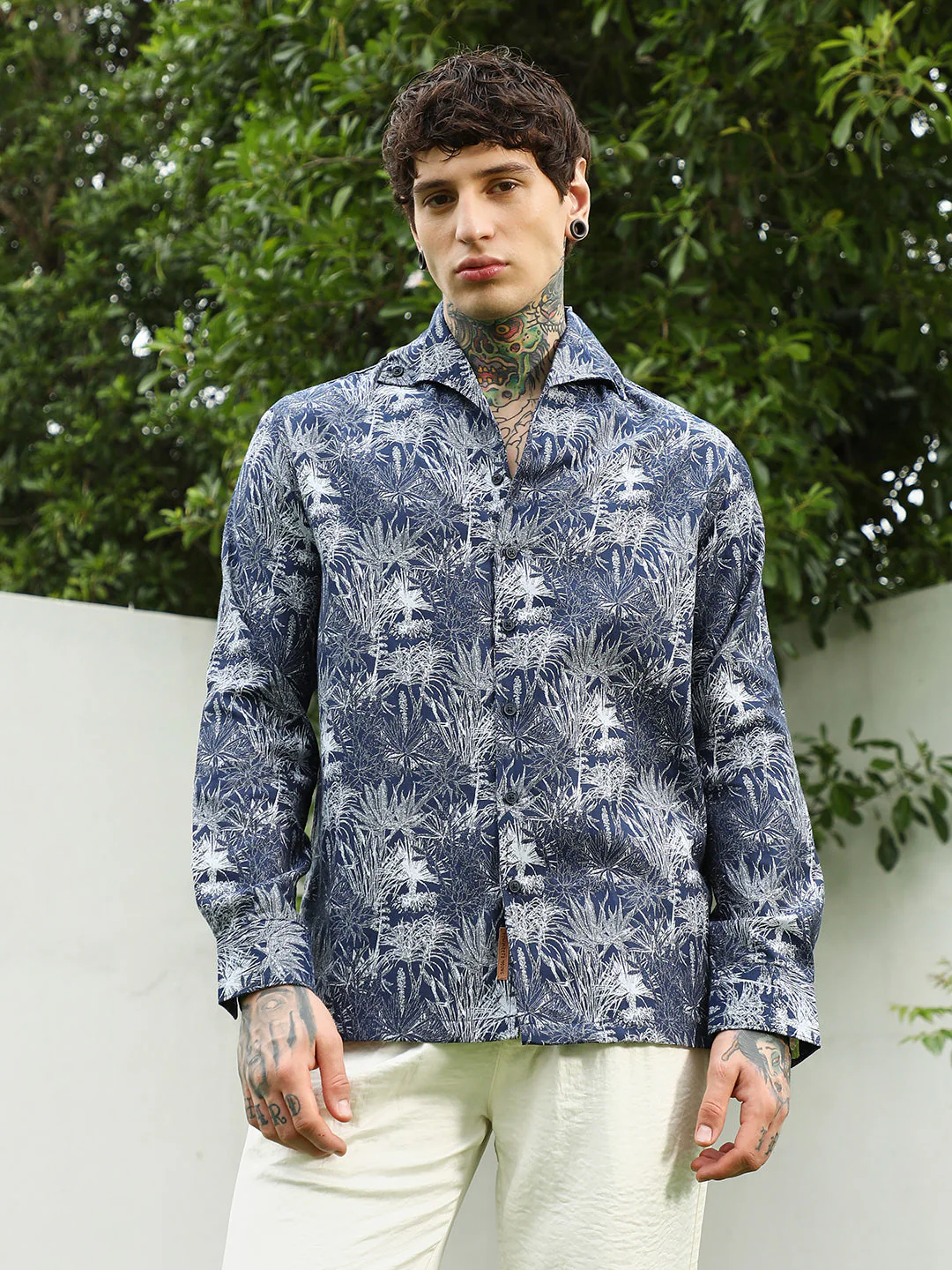 Navy Botanical Print Cotton Blend Shirt - Image 9