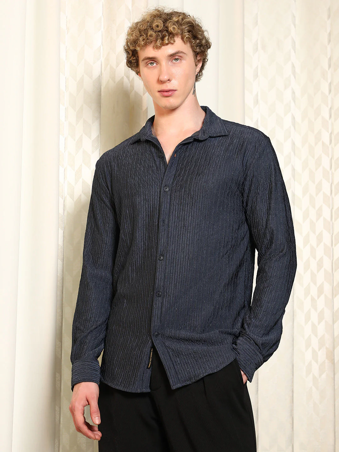 Navy Textured Cotton Blend Full Sleeve Shirt - Image 2