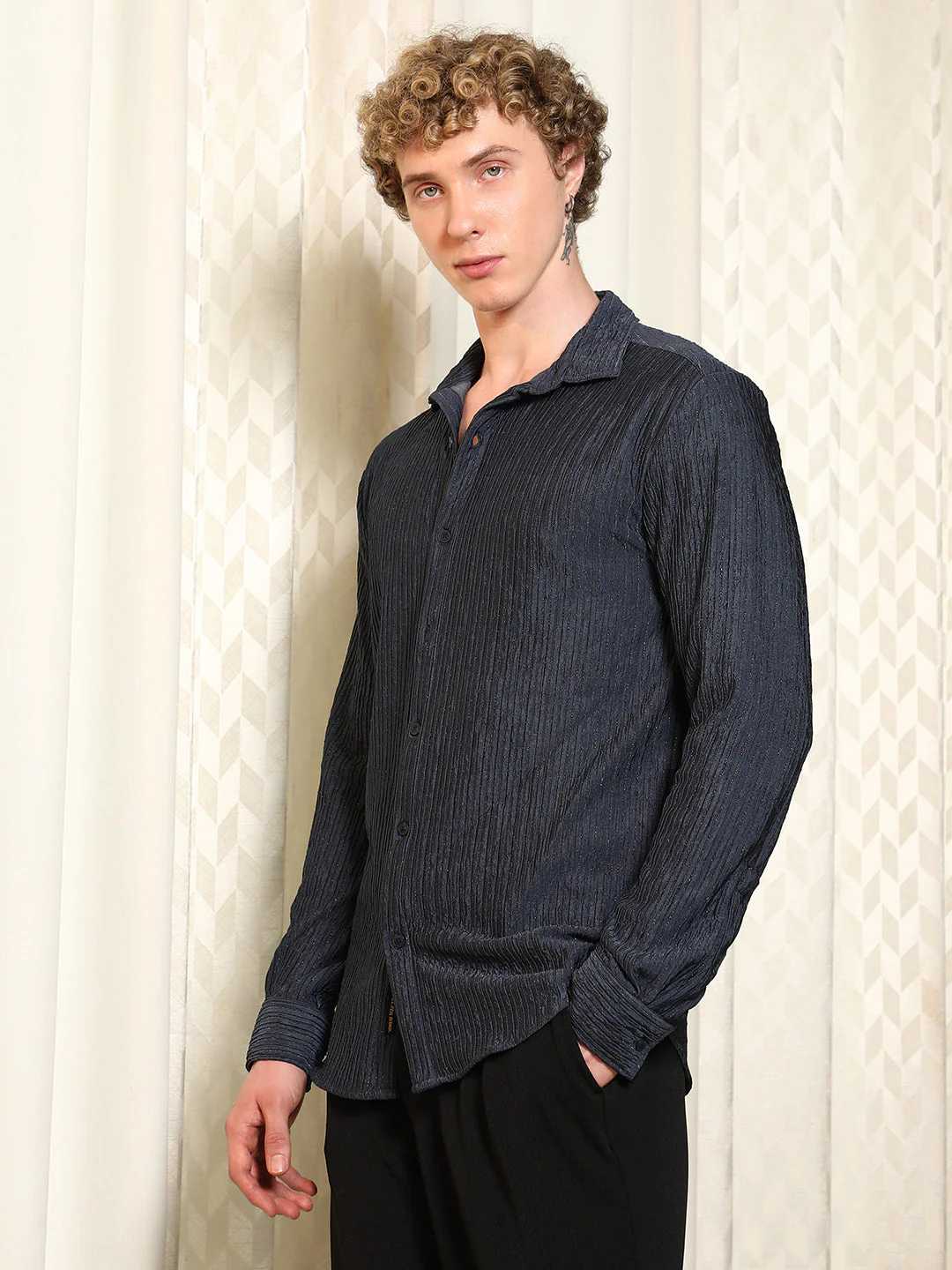 Navy Textured Cotton Blend Full Sleeve Shirt - Image 3