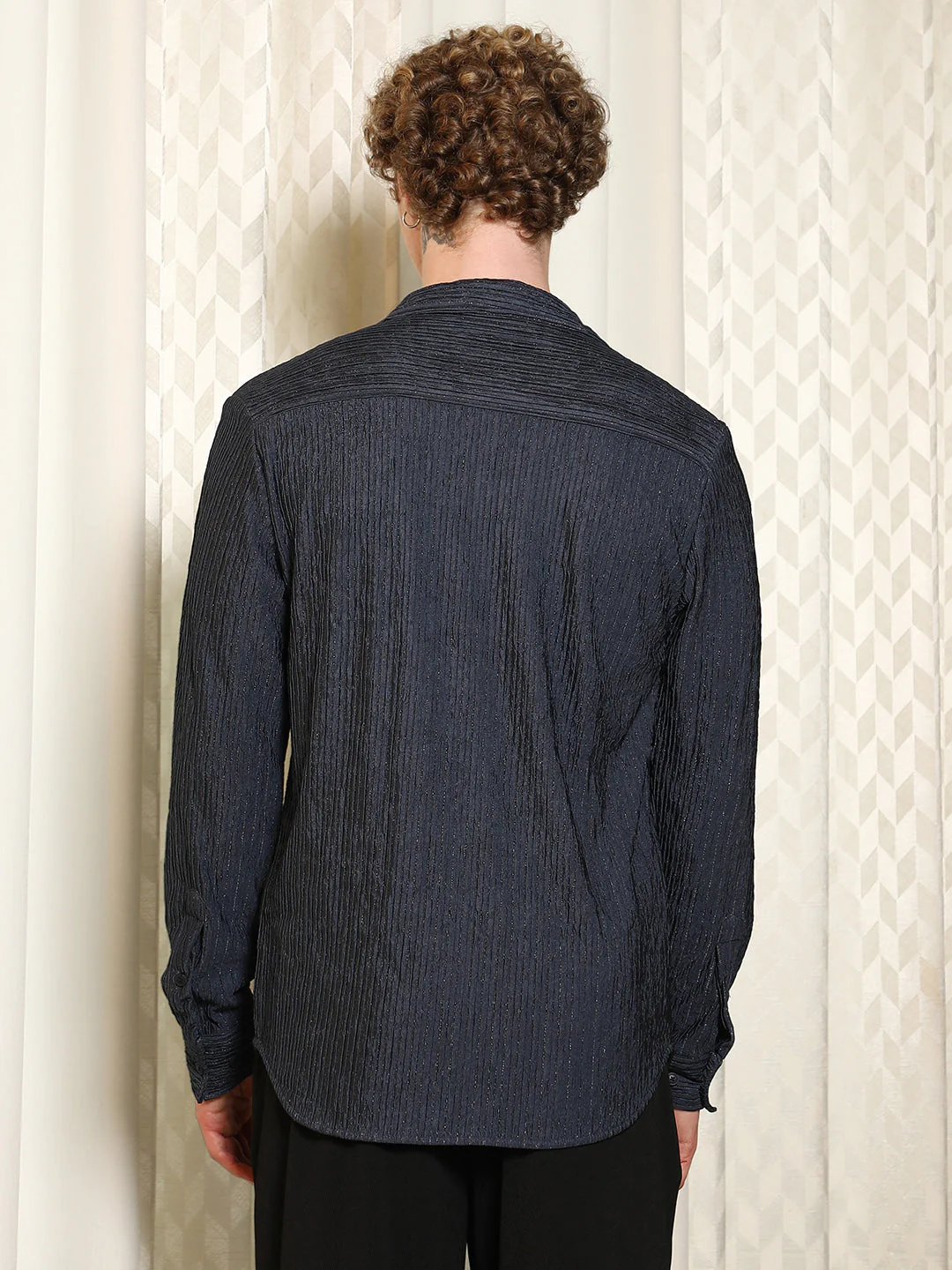 Navy Textured Cotton Blend Full Sleeve Shirt - Image 4