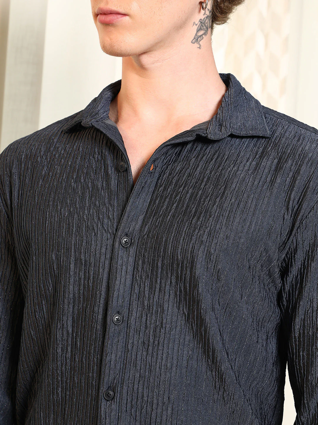 Navy Textured Cotton Blend Full Sleeve Shirt - Image 7