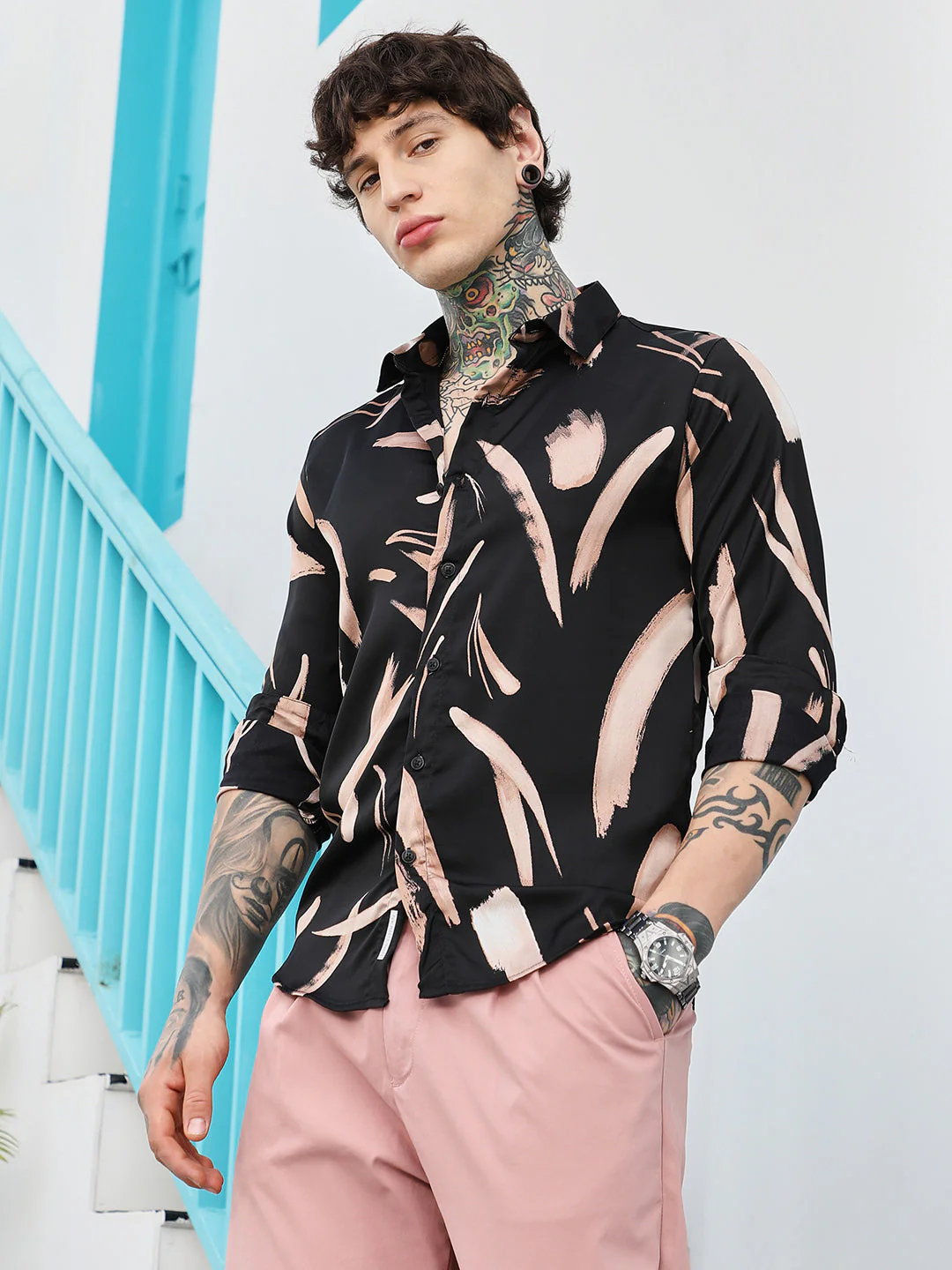 Contrast-Strokes Imprint Shirt - Image 3