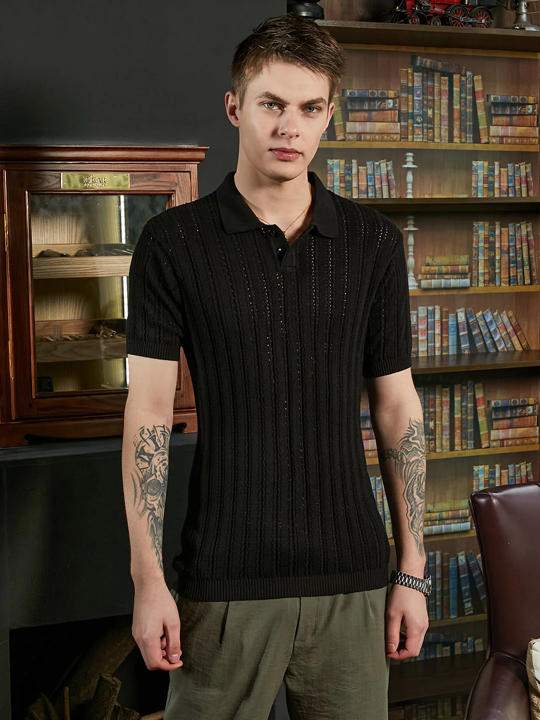 Stripe-Textured Polo T-Shirt - Image 2