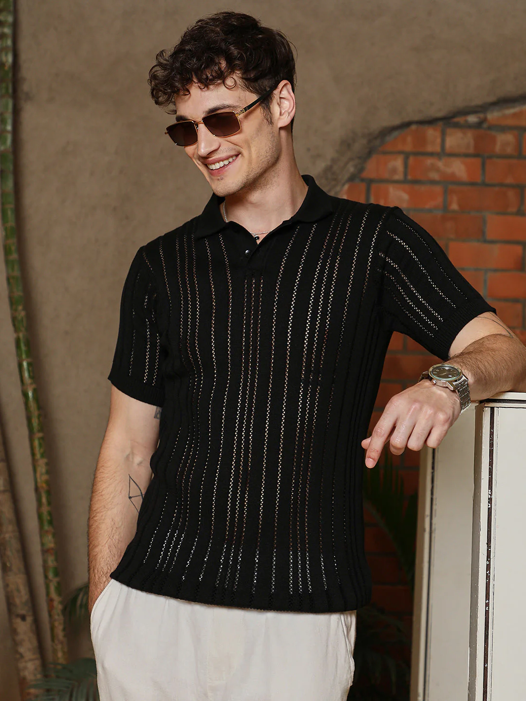 Stripe-Textured Polo T-Shirt