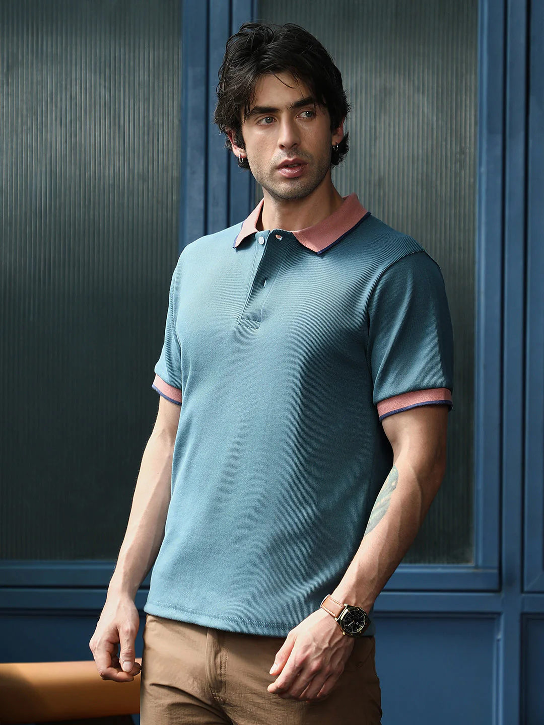 Contrast-Ribbed Polo T-Shirt - Image 3