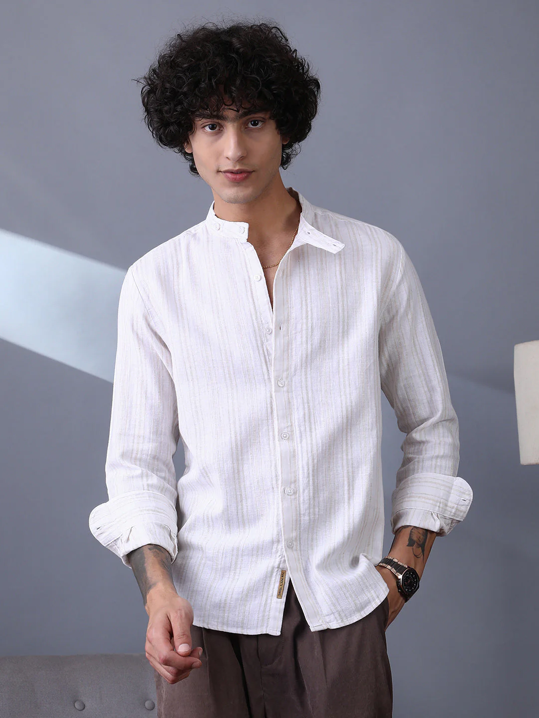 Striped Extended-Band Collar Shirt - Image 2