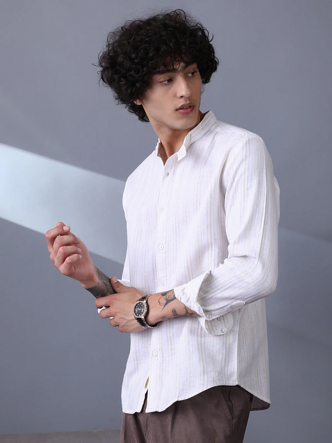 Striped Extended-Band Collar Shirt - Image 3