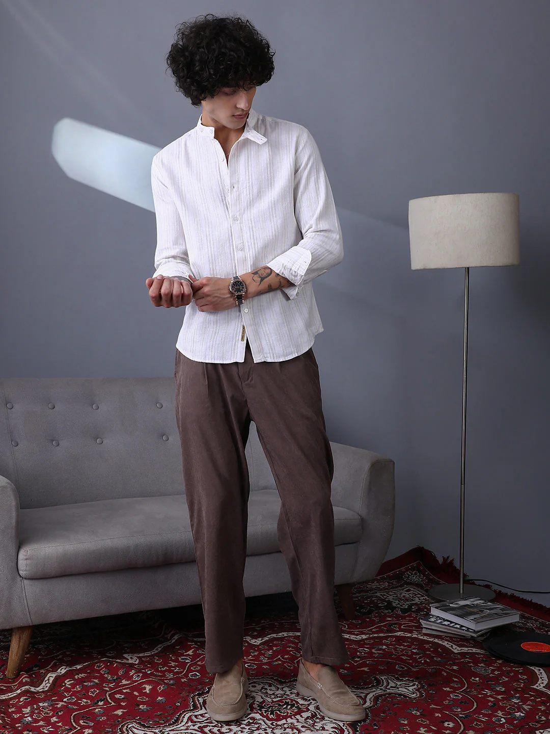 Striped Extended-Band Collar Shirt - Image 5