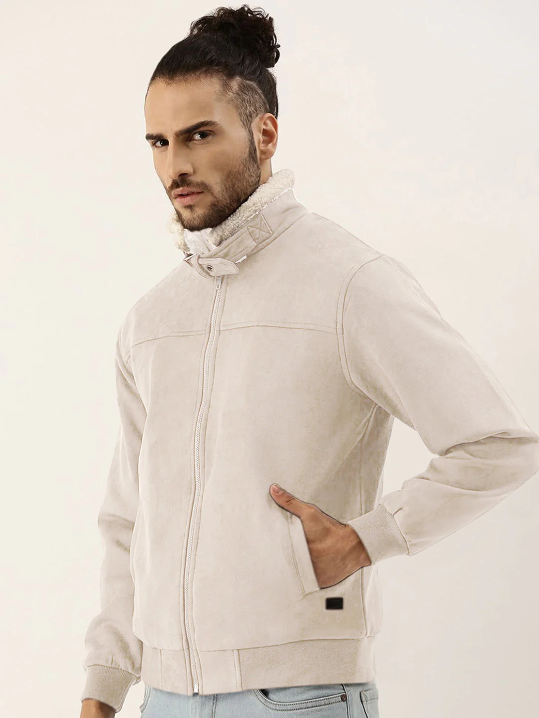 Fur-Lined Suede Bomber Jacket - Image 3
