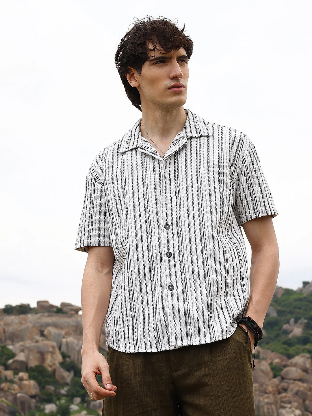 Striped-Weave Oversized Shirt - Image 2
