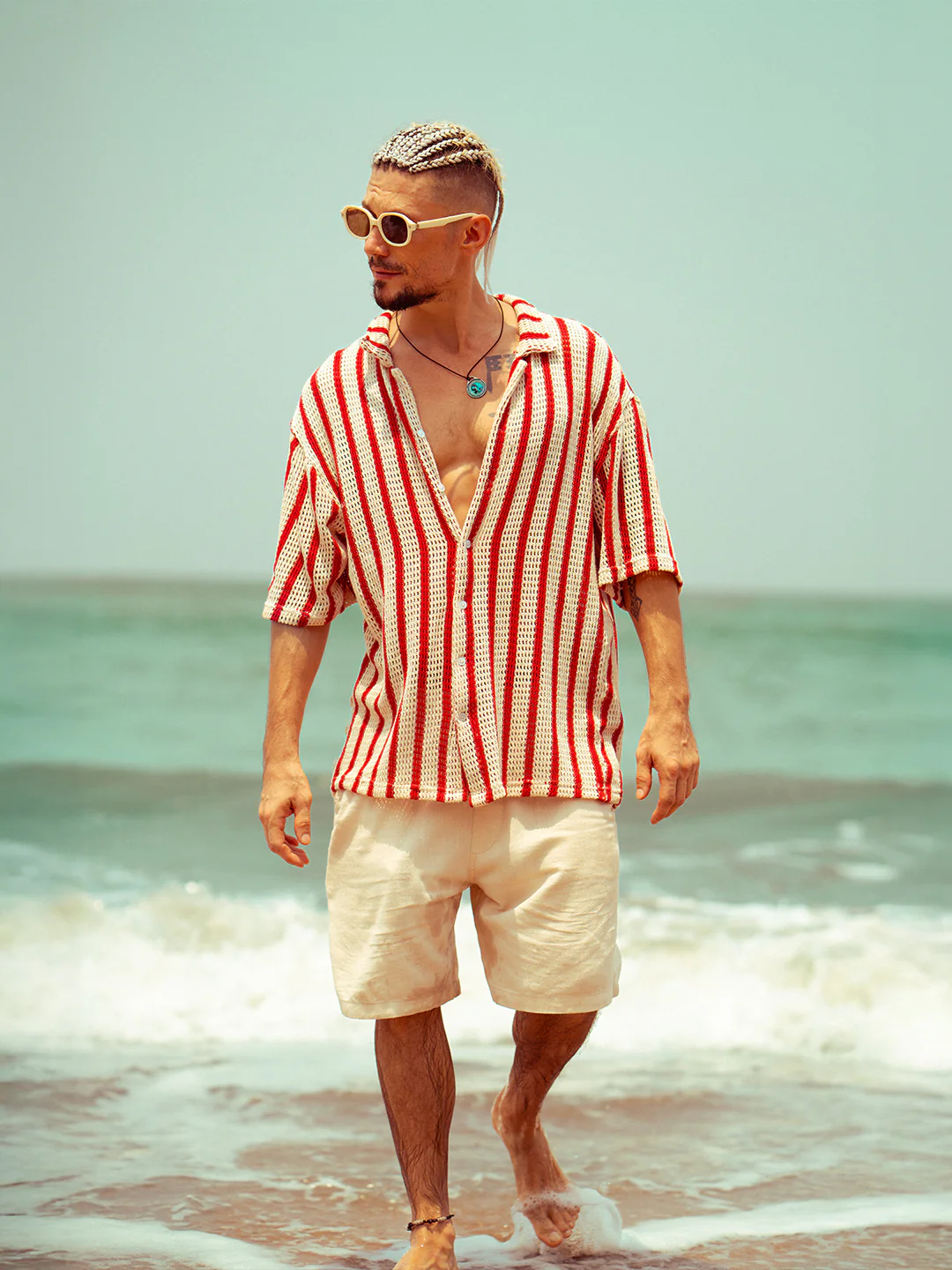 Striped Open-Knit Resort Shirt