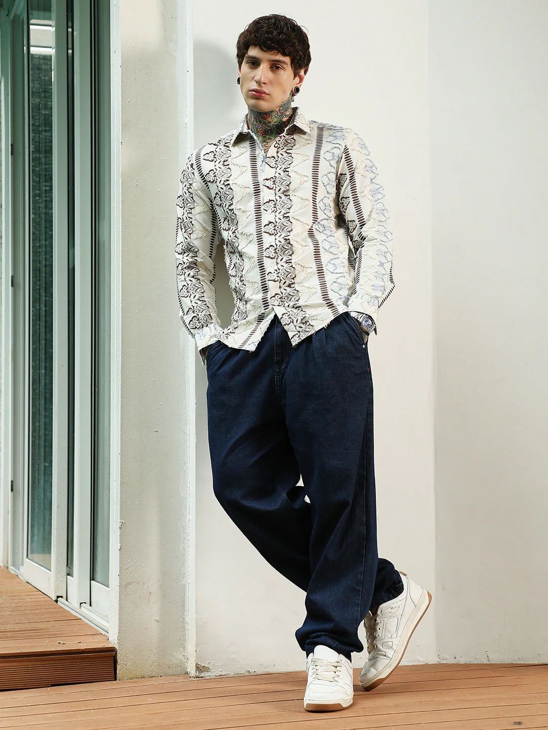 Off White Self Design Cotton-Poly Blend Full Sleeve Shirt - Image 5
