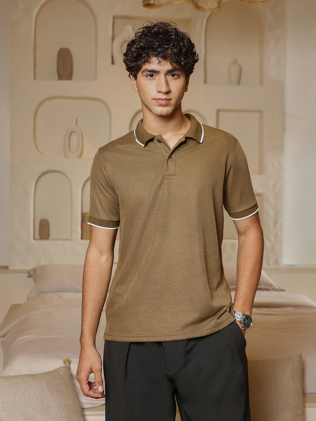 Ribbed-Knit Polo T-Shirt - Image 2